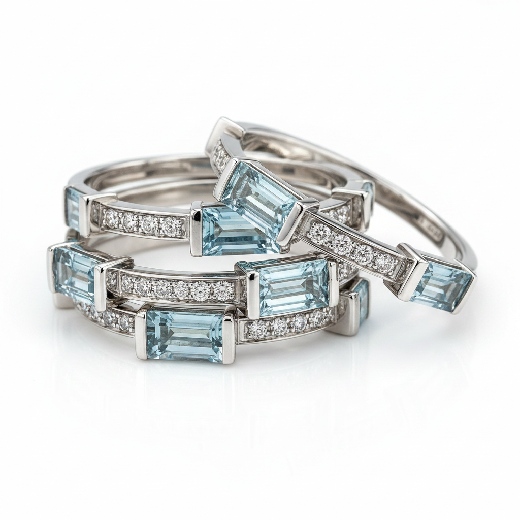14 Karat White Gold Aquamarine & Diamond Stacking Rings