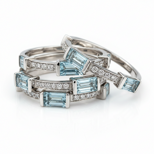 14 Karat White Gold Aquamarine & Diamond Stacking Rings