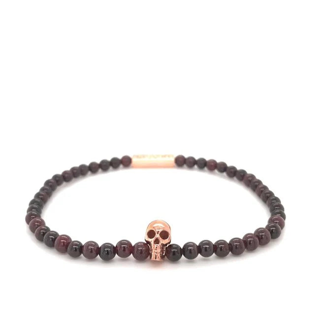 Garnet Bead Stretch Bracelet with Rose Vermeil Skull Detail