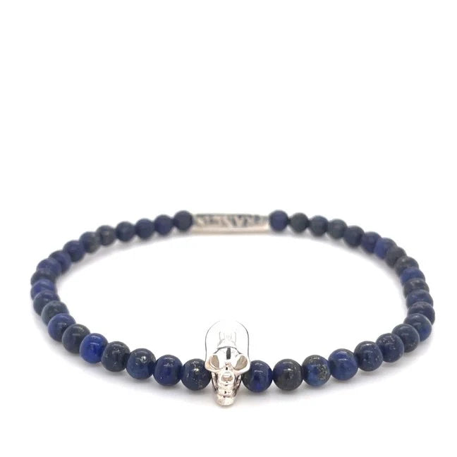 Lapis Lazuli Stretch Bracelet with Silver Skull Detail