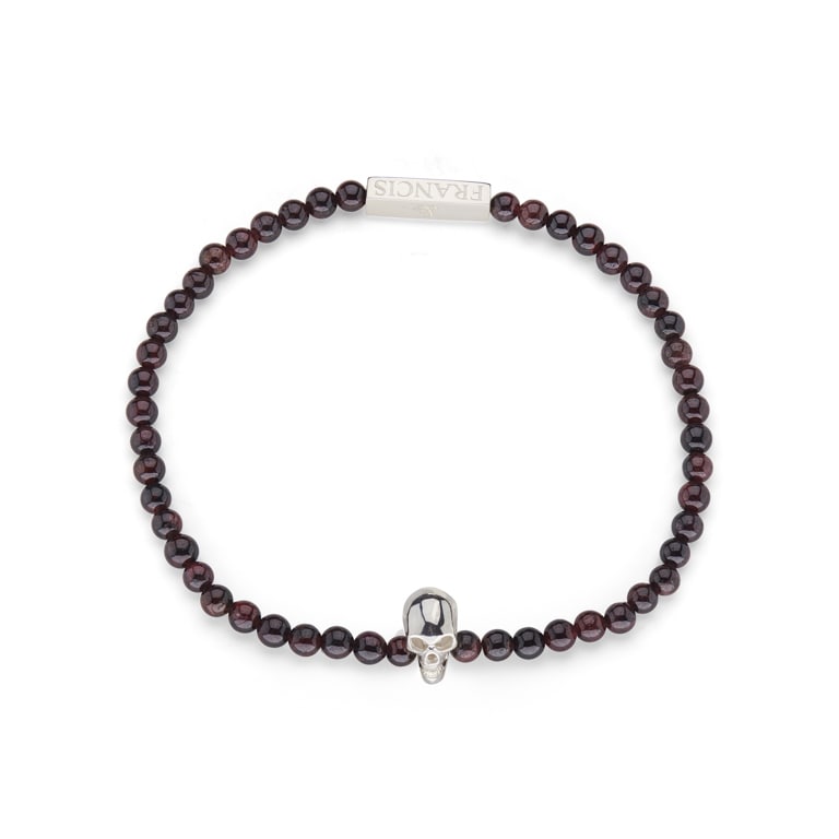 Garnet Bead Stretch Bracelet with Rose Vermeil Skull Detail