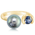 14 Karat Yellow Gold Tahitian Pearl & Montana Sapphire Ring