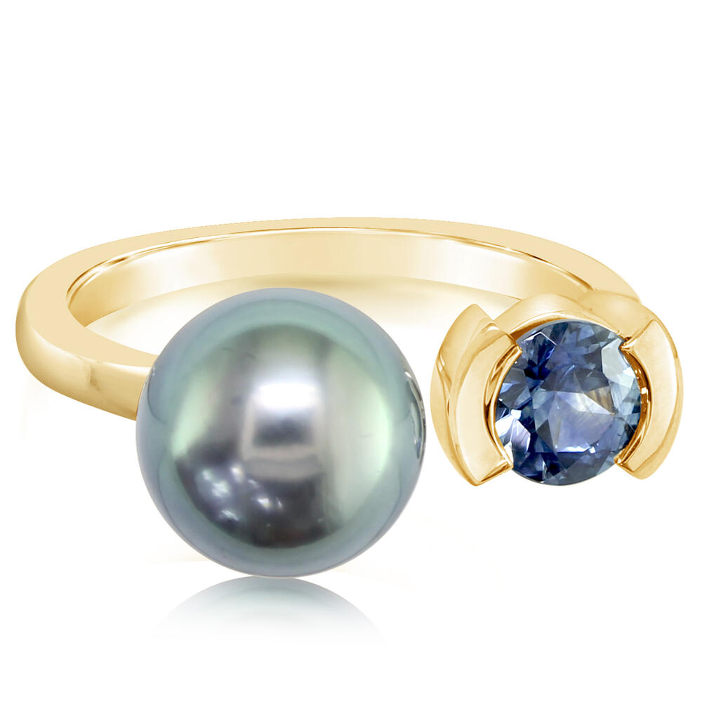 14 Karat Yellow Gold Tahitian Pearl & Montana Sapphire Ring