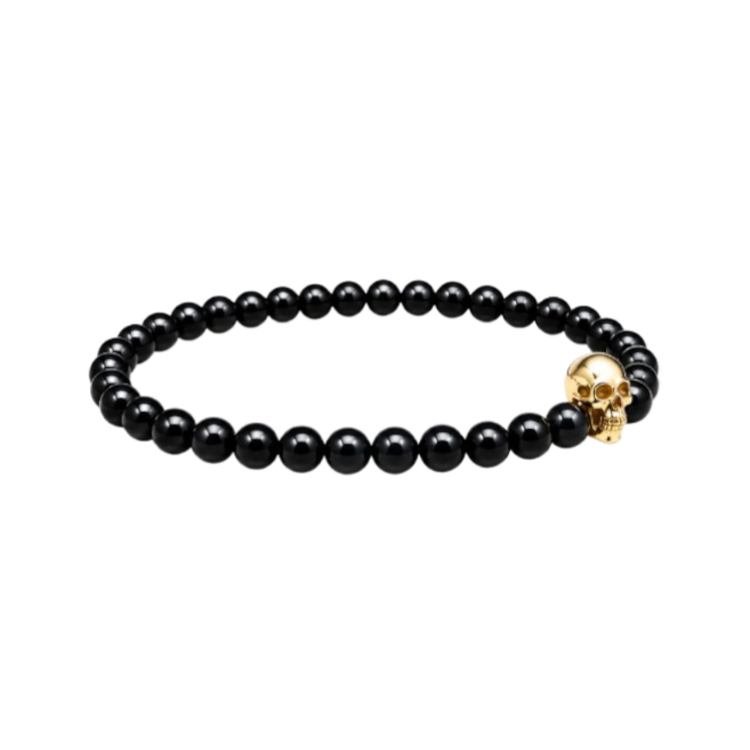Onyx Bead Stretch Bracelet with Vermeil Skull Detail