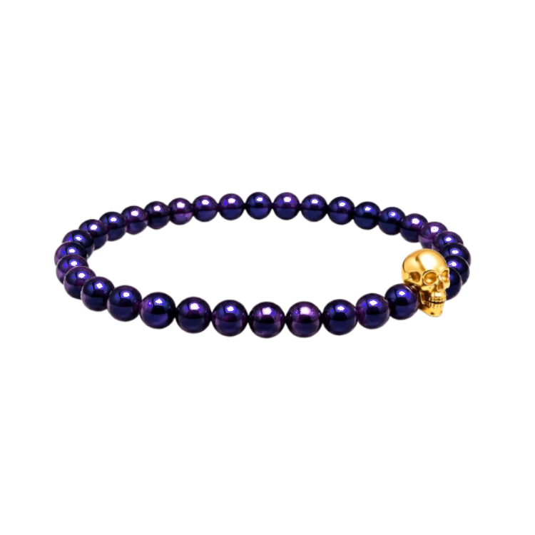 Lapis Lazuli Bead Stretch Bracelet with Rose Gold Plated Skull Detail