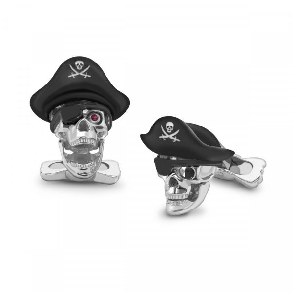 Silver Pirate Skull Cufflinks With Hat and Ruby Eyes