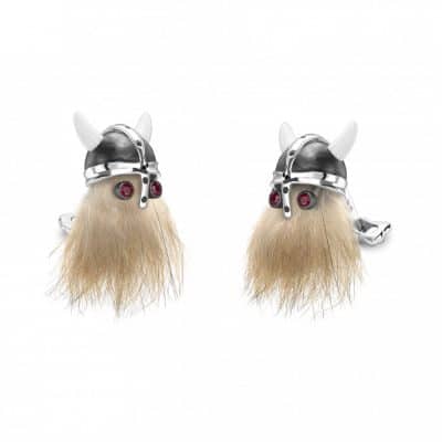 Hairy Viking Skull Cufflinks with Black Helmet and Ruby Eyes