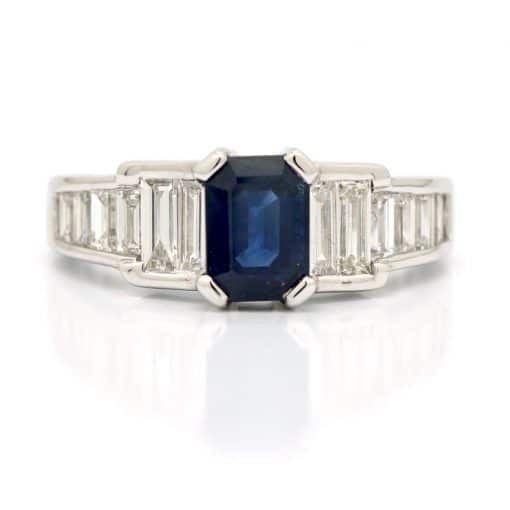 18 Karat White Gold Emerald Cut Sapphire and Diamond Ring