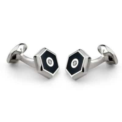 Silver Hexagonal Cufflinks with Onyx and Diamond