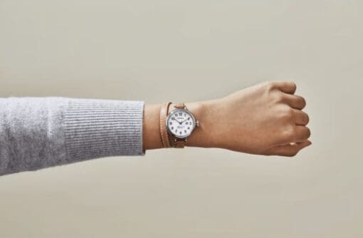 The Shinola Birdy 34mm, White Dial, Natural Double Wrap Strap - Image 4