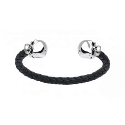 Leather Bangle With Silver Skull Ends
