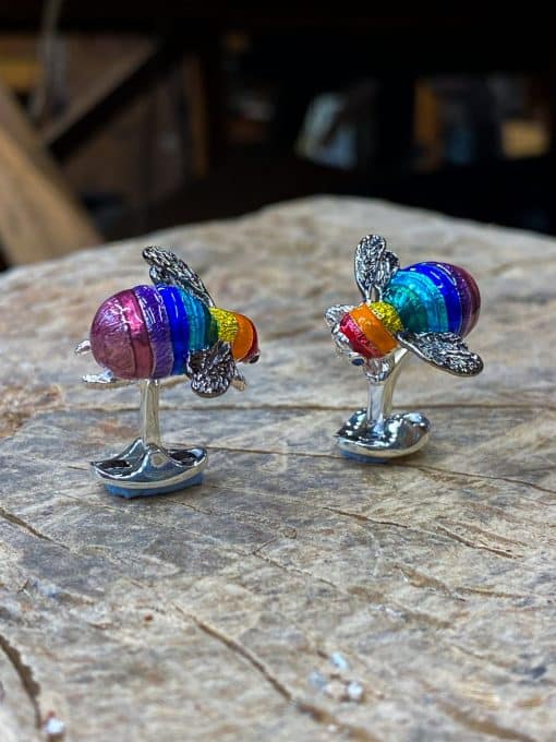 Silver and Enamel Rainbow Bumblebee Cufflinks