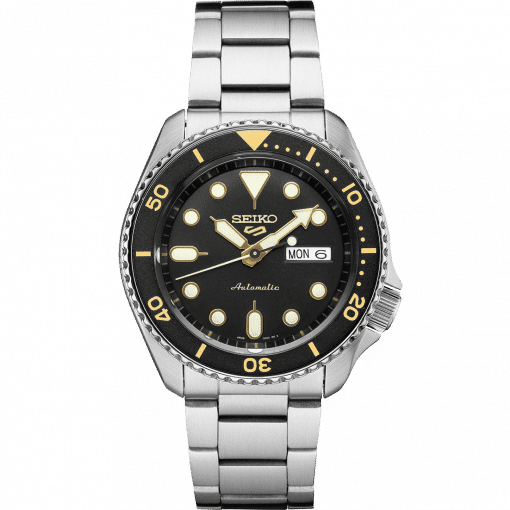 Seiko 5 Sport Black Dial Black/Gold Bezel Stainless Steel Bracelet ...