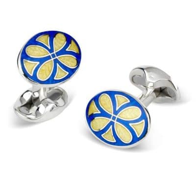 Silver Cufflinks with Fancy Blue & Yellow Pattern