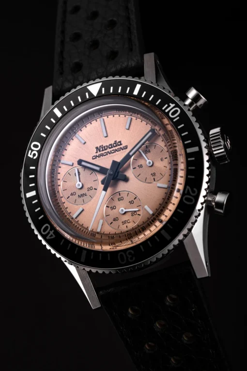 Nivada Grenchen Chronoking Mechaquartz Salmon, closeup